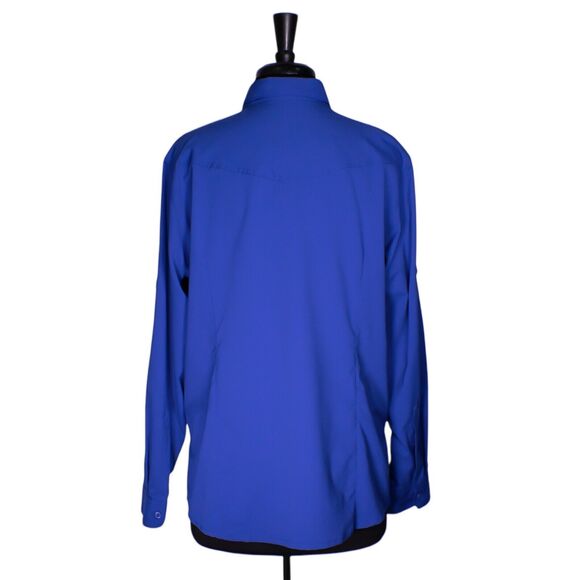 Columbia Womens Shirt Button Up Royal Blue PFG Omni Shade Pleated Pockets Top XL - Picture 2 of 10